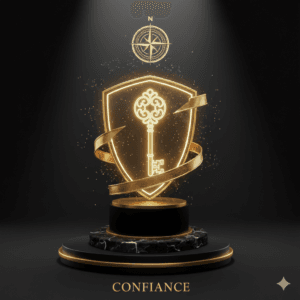 Emblème de confiance luxueux : bouclier lumineux et clé d'or sur podium de marbre noir. Symbole de sécurité, d'assurance masculine et de qualité premium pour miel aphrodisiaque naturel.