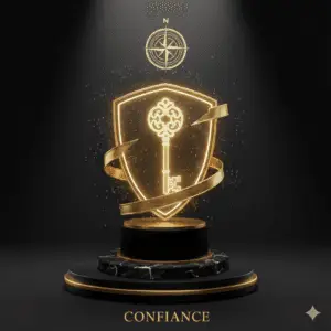 Emblème de confiance luxueux : bouclier lumineux et clé d'or sur podium de marbre noir. Symbole de sécurité, d'assurance masculine et de qualité premium pour miel aphrodisiaque naturel.