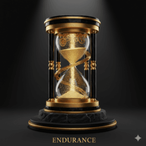 Sablier de luxe en or et marbre noir avec de la poussière d'or qui s'écoule. Design élégant représentant l'endurance, la gestion du temps et la vitalité durable sur un fond sombre et prestigieux.