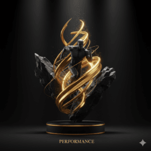 Représentation luxueuse du thème Performance : une sculpture dynamique d'un athlète en obsidienne noire mate, entourée de volutes fluides en or brillant sur un piédestal élégant. Un visuel puissant évoquant l'énergie naturelle et l'excellence pour Miel Aphrodisiaque.