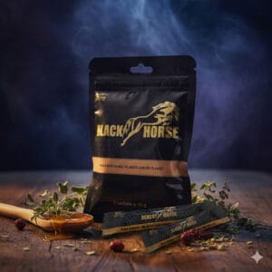 Pochette noire Black Horse avec sticks individuels posés sur une table en bois rustique. Mise en scène avec une cuillère en bois contenant du miel coulant, des herbes fraîches et des baies rouges sur un fond atmosphérique de fumée bleue.