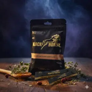 Pochette noire Black Horse avec sticks individuels posés sur une table en bois rustique. Mise en scène avec une cuillère en bois contenant du miel coulant, des herbes fraîches et des baies rouges sur un fond atmosphérique de fumée bleue.
